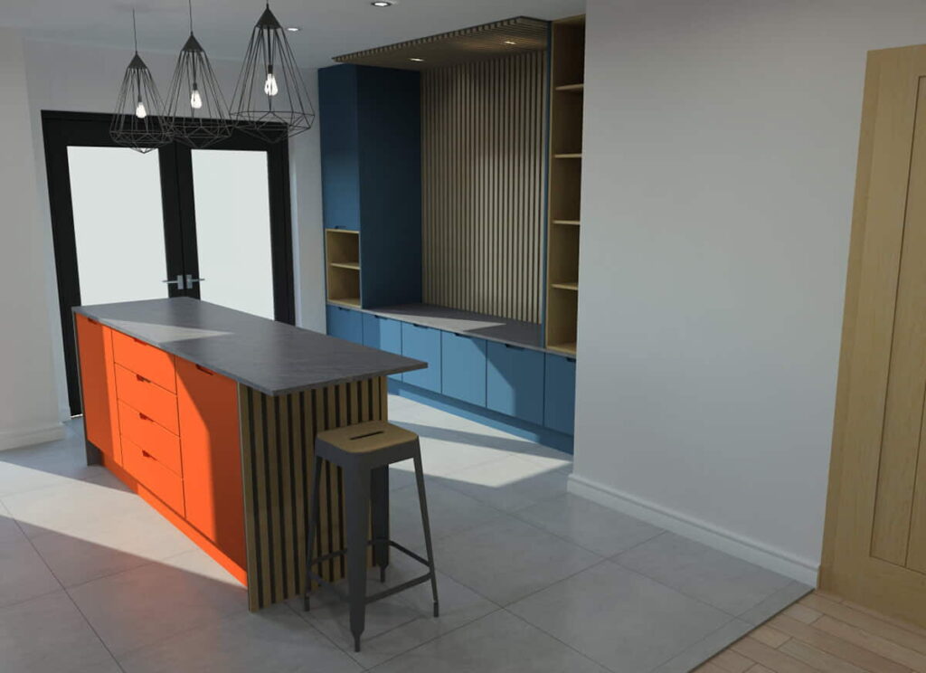 Bright Contrasting Coloured Grooved Kitchen Render